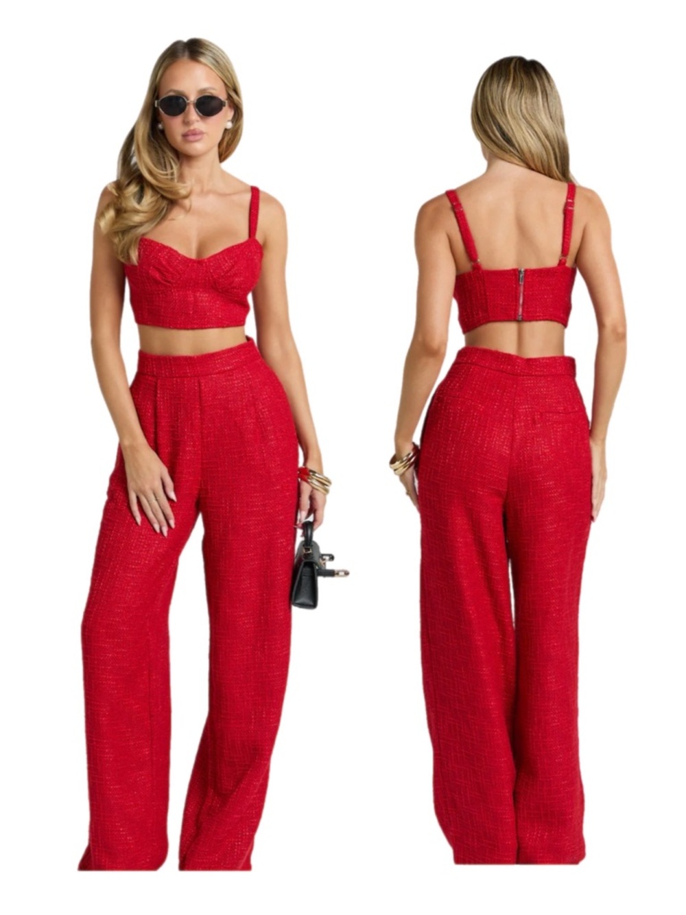 SHOWPO SILVIA TWO PIECE SET- 
Red Corset Top & Wide-Leg High Rise Pants